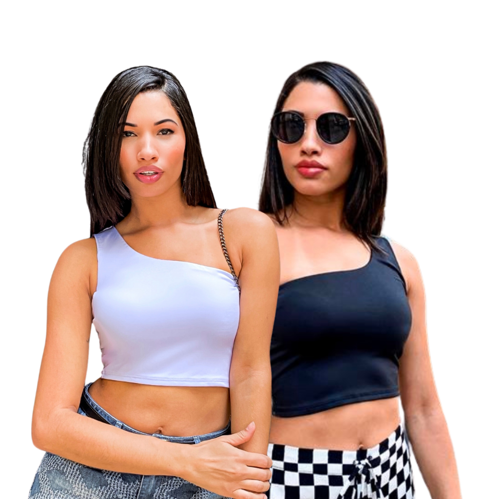 Kit 2 Croppeds Top Nula Manga - Manga Única - Um Ombro Só - Preto e Branco em Oferta na Shopee