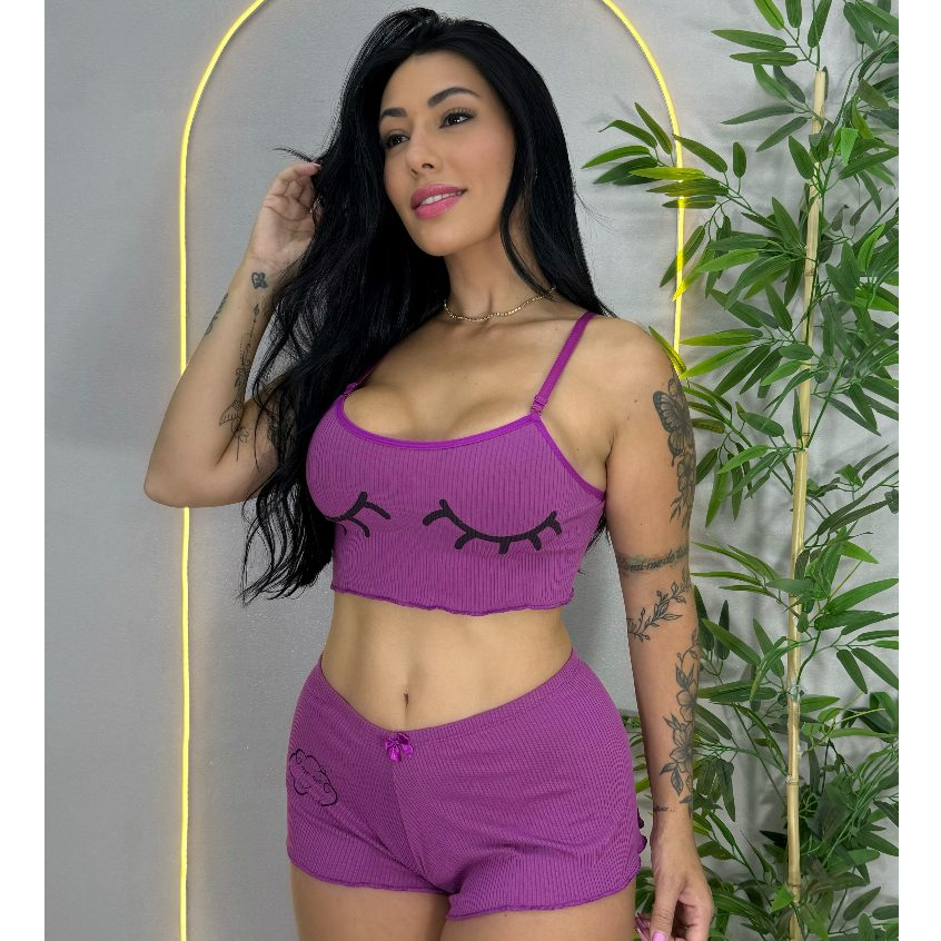 Baby doll Conjunto Canelado Liso Pijaminha Roupa de Dormir Estampado Pijama Ribana Cropped