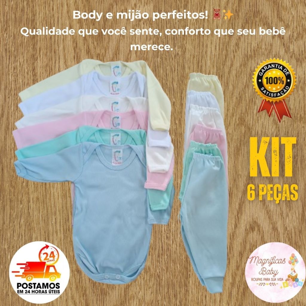 Kit 6 peças Bebê 3 Conjuntos Body manga longa e Mijão Malha Canelada Roupa de Bebê confortável barato em Oferta na Shopee