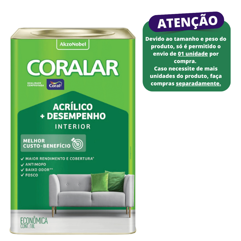 Tinta Pva Acrílica Interna Coralar 18 litros Cores - Coral