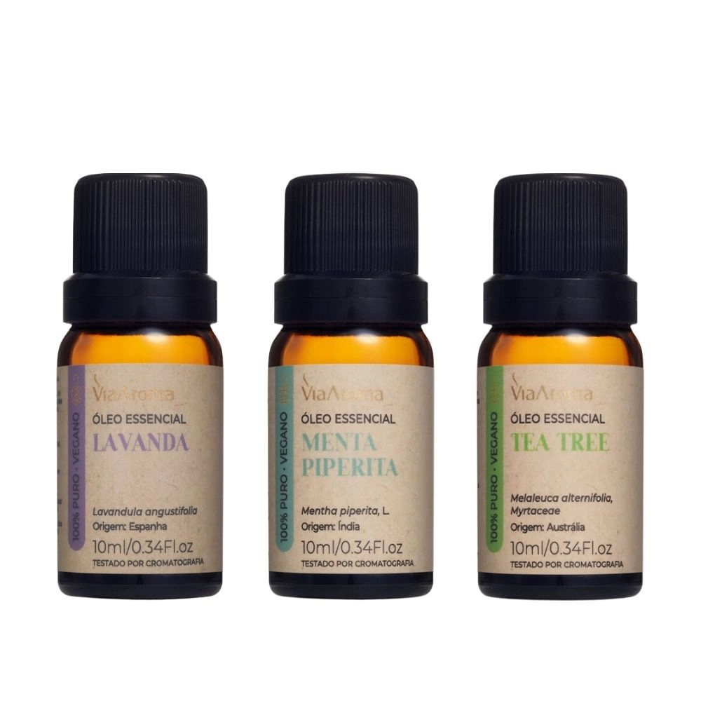 Kit 3 Óleos Essenciais Via Aroma - Lavanda, Menta Piperita e Tea Tree em Oferta na Shopee