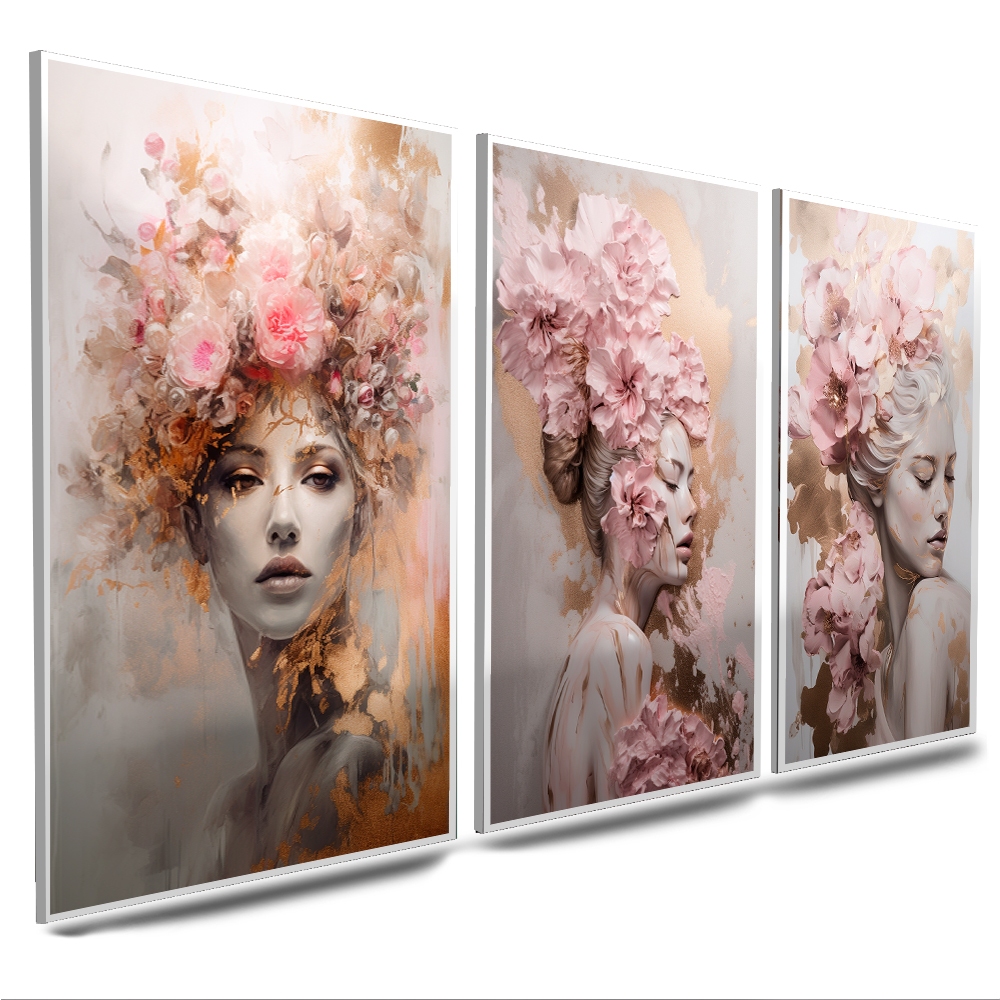 quadros mulheres maquiagem flores rosas para salão de beleza 3 peças com borda branca (MULHER ALBINA B/BRANCA) em Oferta na Shopee