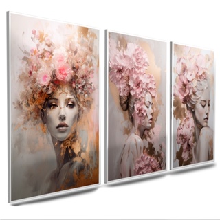 quadros mulheres maquiagem flores rosas para salão de beleza 3 peças com borda branca (MULHER ALBINA B/BRANCA) em Oferta na Shopee