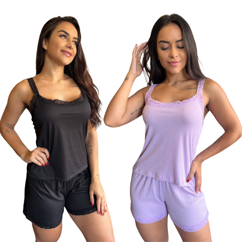 Kit 2 Pijamas Feminino Malha Suede Canelado Rendado Baby Doll Verão Curto Luxo Roupa de Dormir Feminina Curta Conjunto Sexy Sensual Short Do