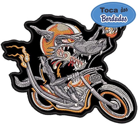 Patch Bordado Lobo Motociclista Wolf Biker 12x15 cm Cód.1293