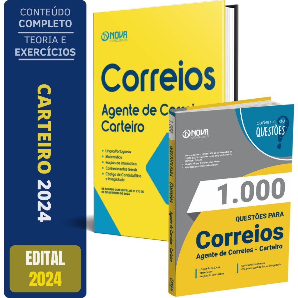 Imagem Kit Apostila Agente De Correios 2024 - CARTEIRO + Caderno de Testes