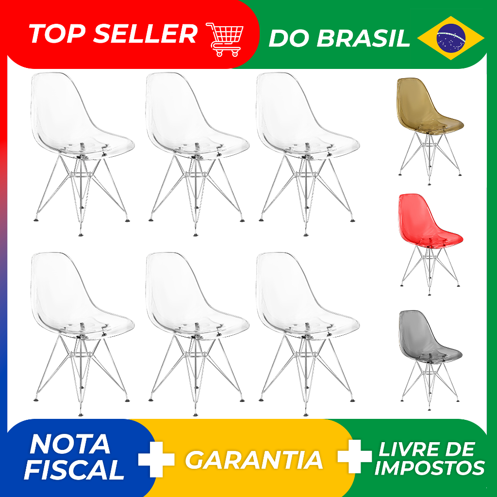 Kit 6 Cadeiras Eames Cristal Transparente Eiffel Base Metal Cromado Cor:Transparente