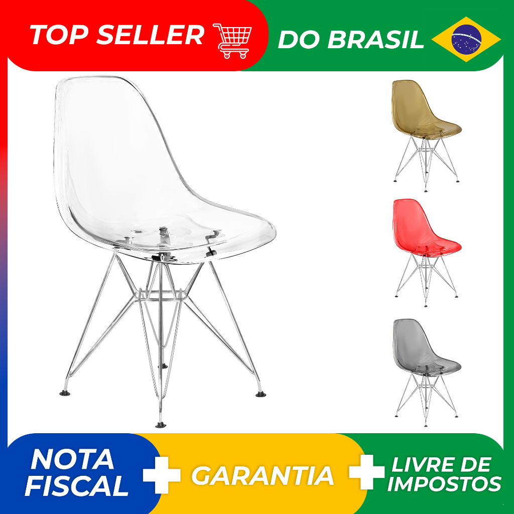 Cadeira Eames Cristal Transparente Eiffel Base Metal Cromado