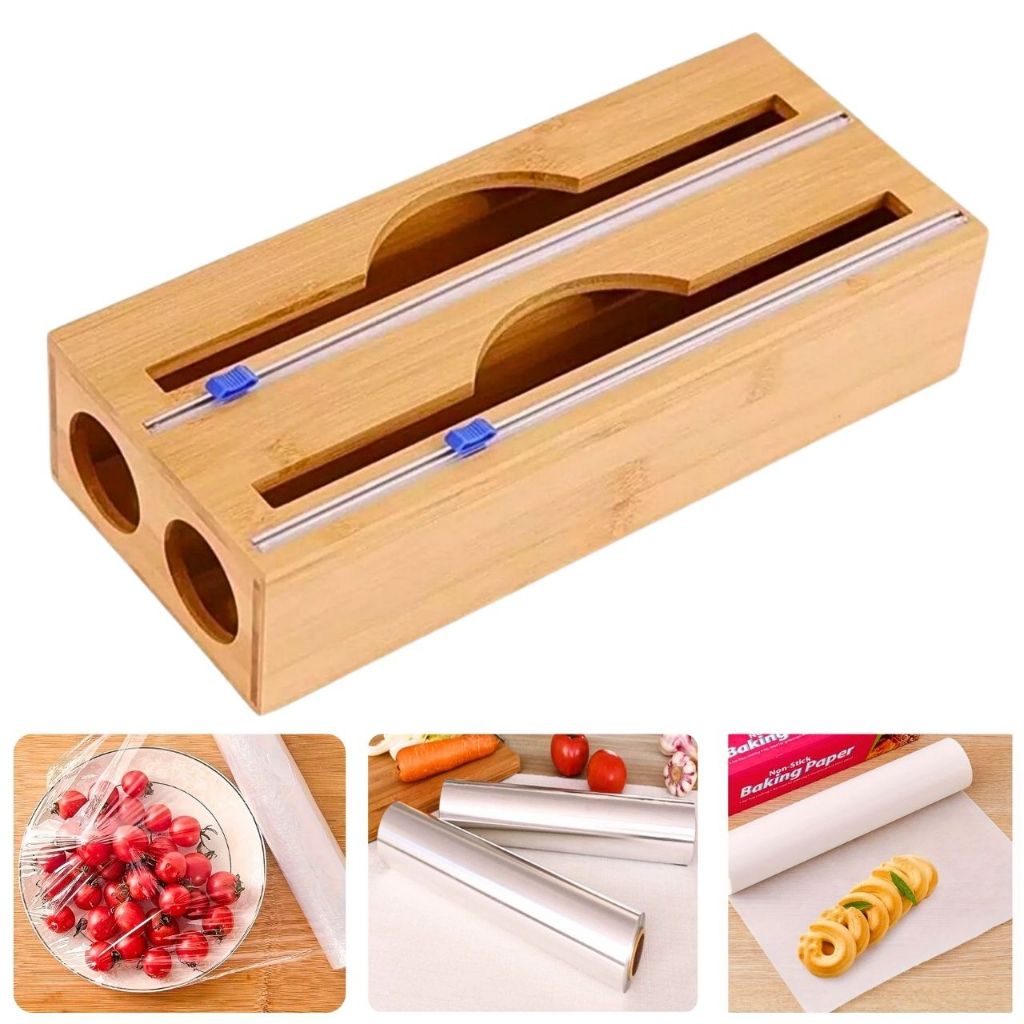Porta Rolo Duplo Organizador Bambu Papel Aluminio Filme PVC Cortador Dispenser Cozinha Sup...