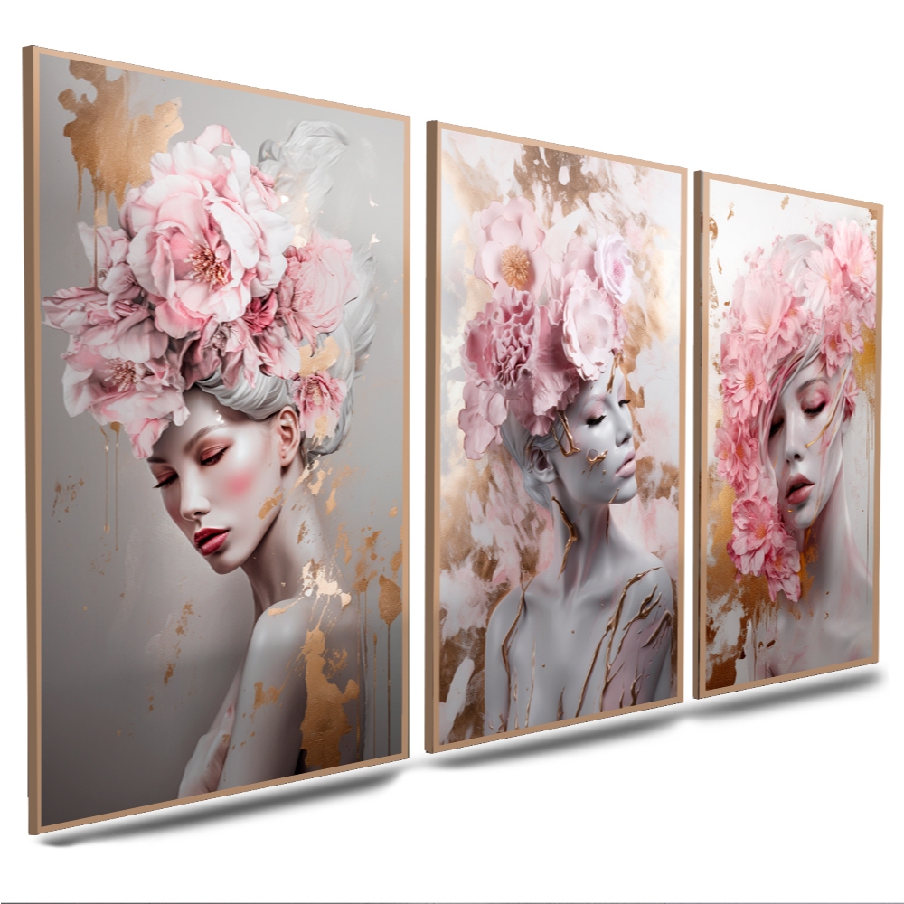 quadros para salão de beleza 3 peças mulheres maquiagem douradas flores rosa (MULHER ALBINA B\D)