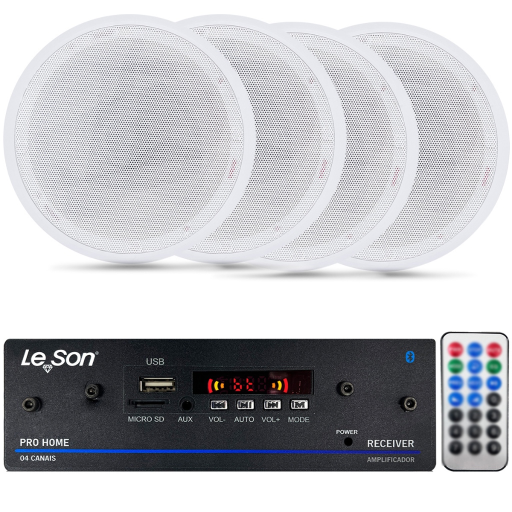 Kit Som Ambiente Pro Home 120w + 4 Arandelas Brancas Redondas de Embutir Teto Pvc Gesso Madeira em Oferta na Shopee