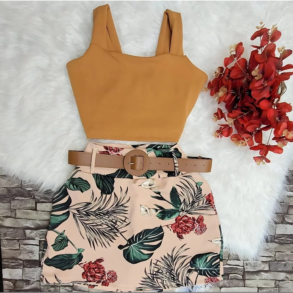 Conjunto Feminino Plus Size Blusa Cropped Short Saia Cintura Alta com Cinto Conjuntinho Casual Curve Moda Verão — imagem 1