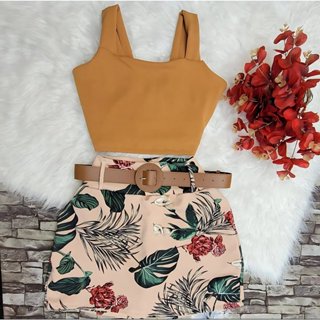 Conjunto Feminino Plus Size Blusa Cropped Short Saia Cintura Alta com Cinto Conjuntinho Casual Curve Moda Verão