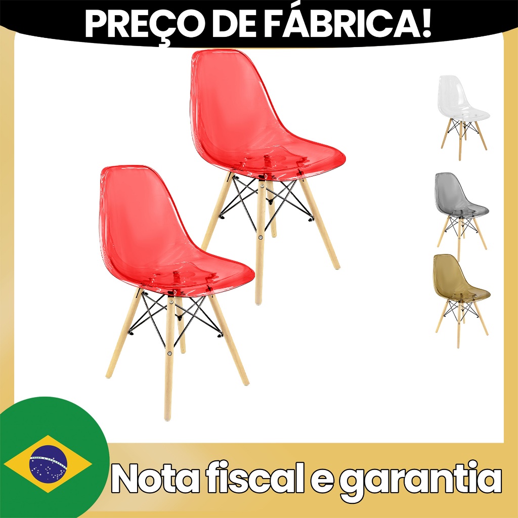 Kit 2 Cadeiras Charles Eames Cristal Eiffel Wood Designer Transparente
