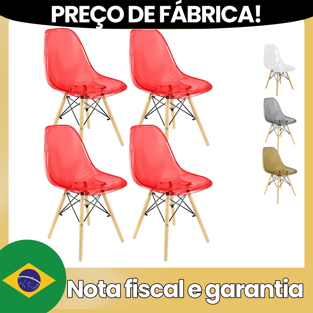 Kit 4 Cadeiras Charles Eames Cristal Eiffel Wood Designer Transparente