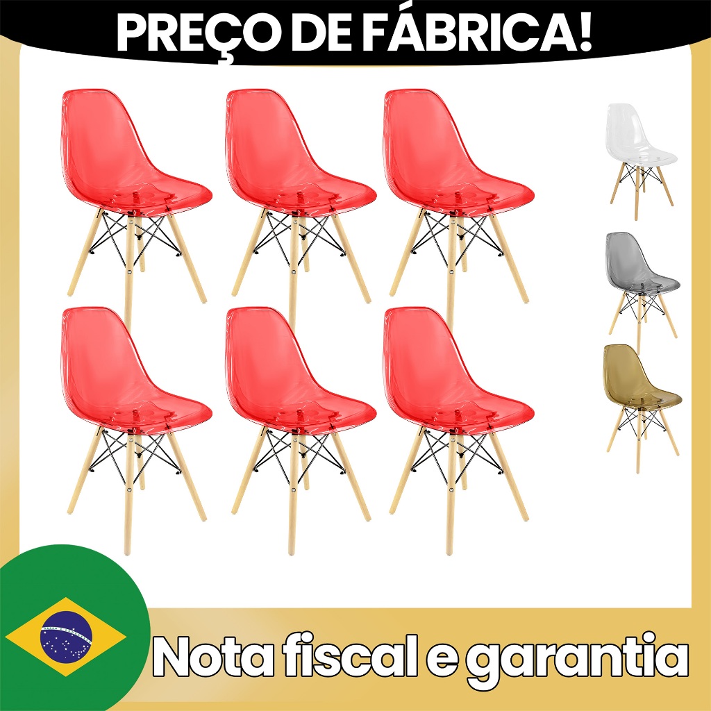 Kit 6 Cadeiras Charles Eames Cristal Eiffel Wood Designer Transparente