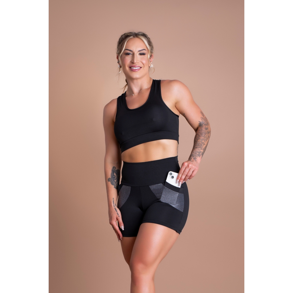 Conjunto Short Feminino Cintura Alta Bolso Fitness e Top Nadador Básico Liso Roupa Academia Treino GJR Modas