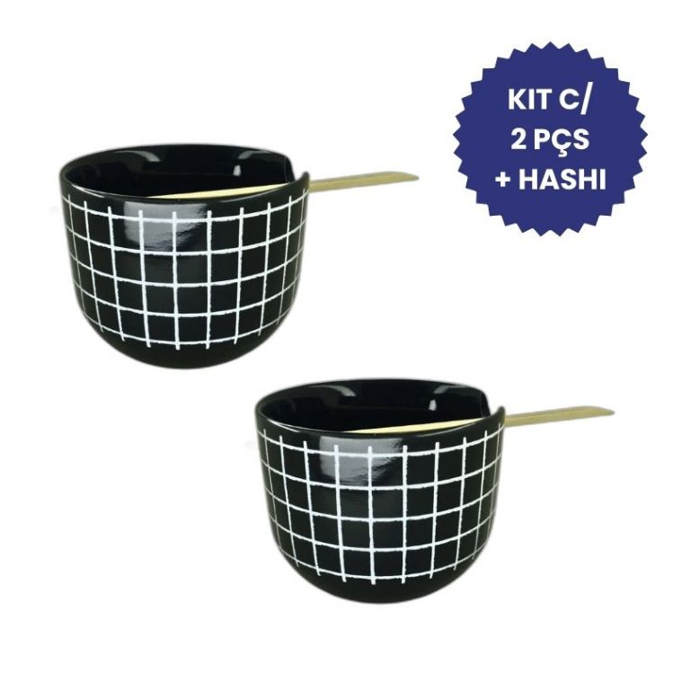 Kit 2 Cumbucas Poke 500ml Yakissoba Porcelana Preta Xadrez Com Hashi Tigela Japonesa Oriental Lamen Restaurante