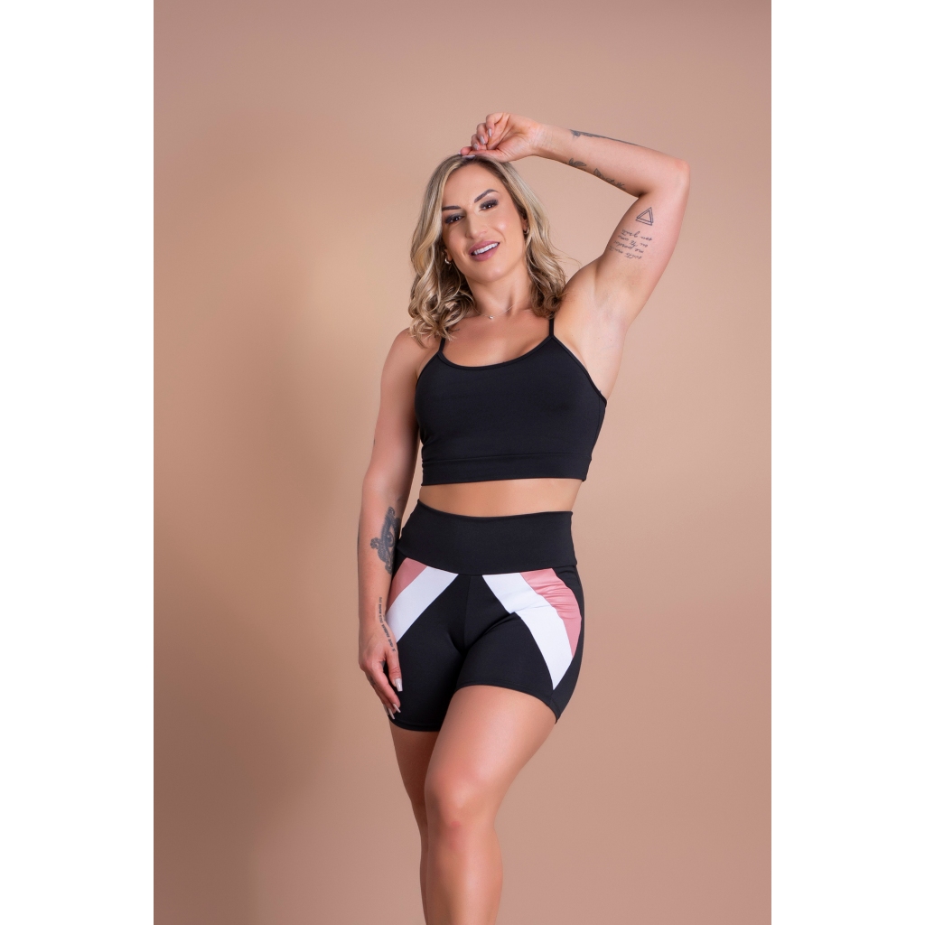 Conjunto Fitness Short Feminino Curto Cintura Alta Recorte E Top Alcinha Básico Liso Academia GJR Modas