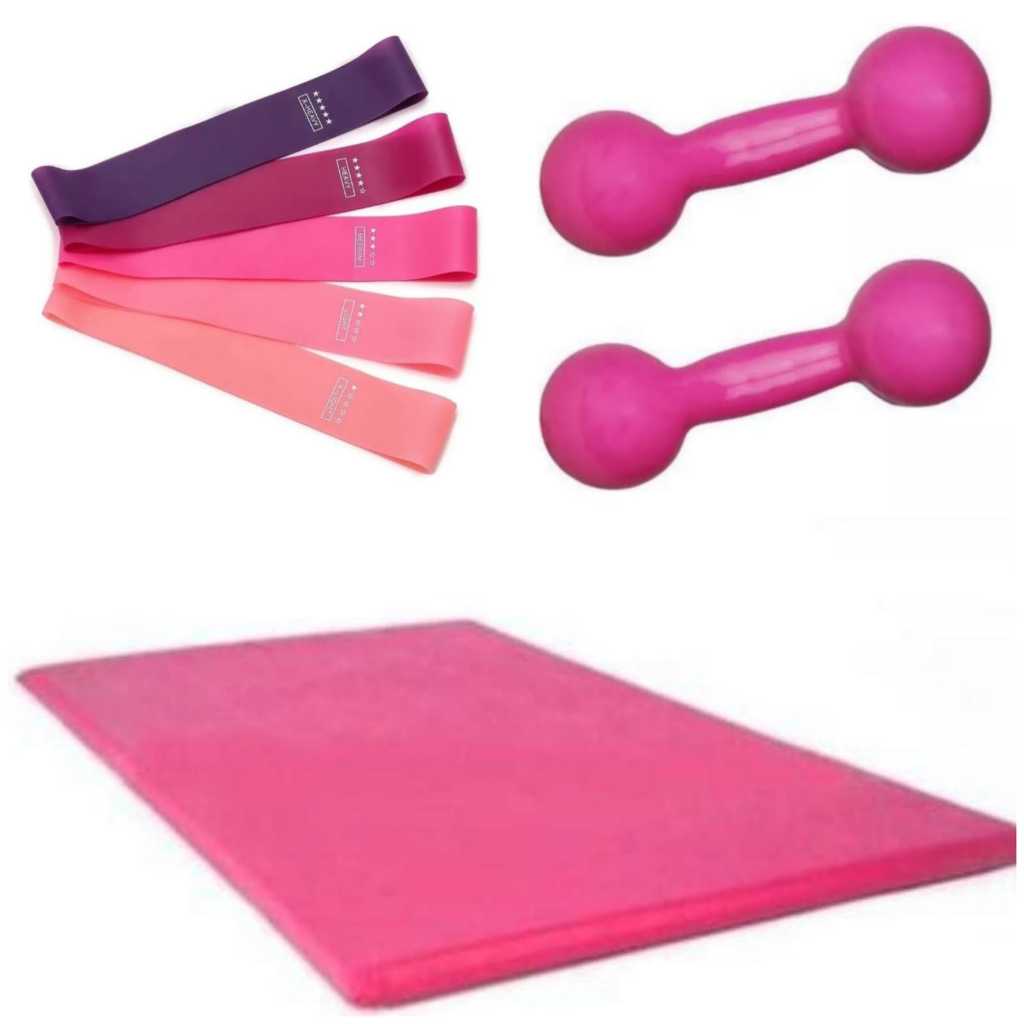 Imagem Kit Treino Completo: Halter 1kg Rosa + Colchonete (90x40x3) + Mini Band 5 Níveis