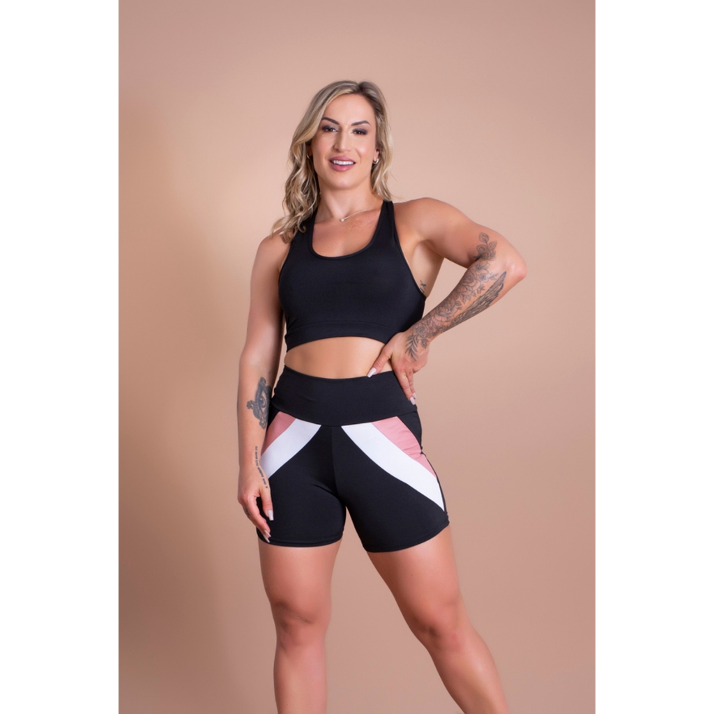 Conjunto Feminino Fitness Short Recorte Curto Cintura Alta e Top Sustentação Nadador Liso Academia GJR Modas