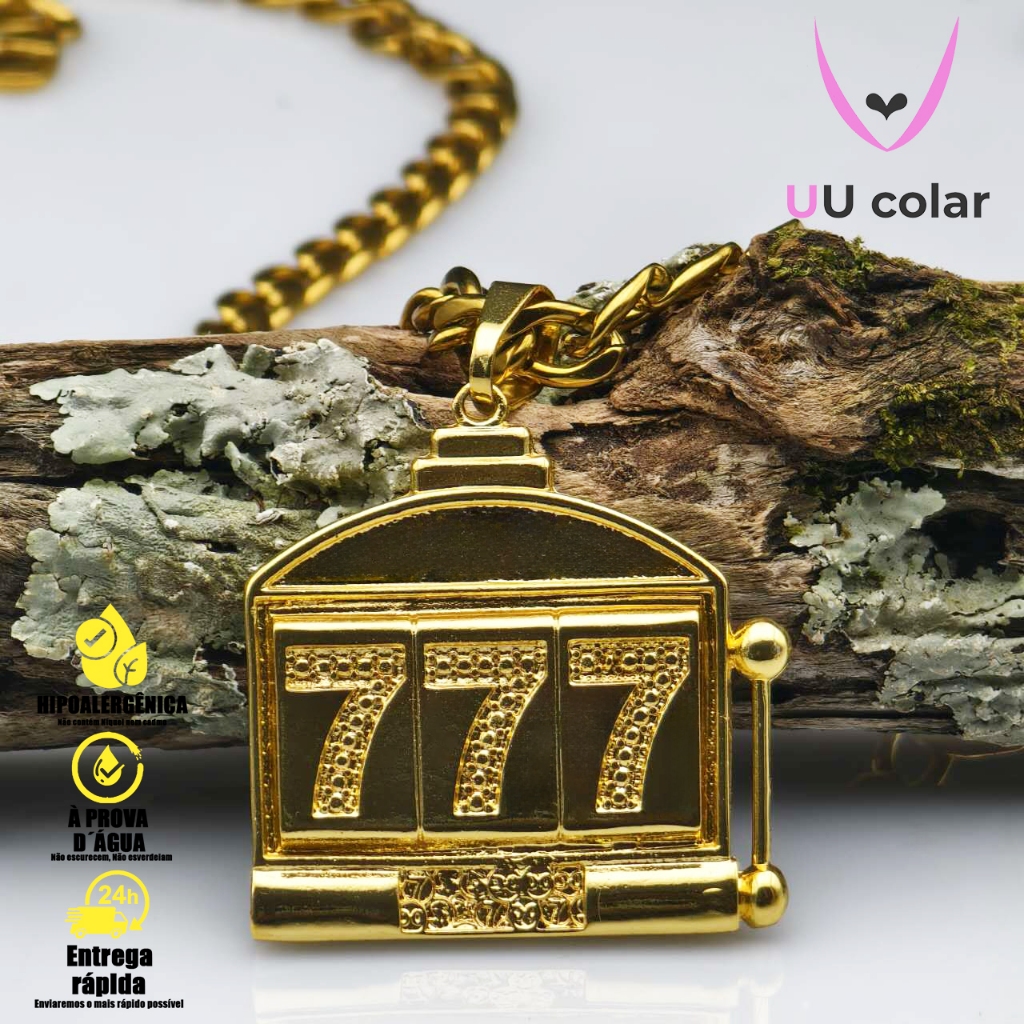 Corrente Masculina com Pingente Moeda Antiga Ouro 18K - Fashion Chain Casino Boa Sorte 777