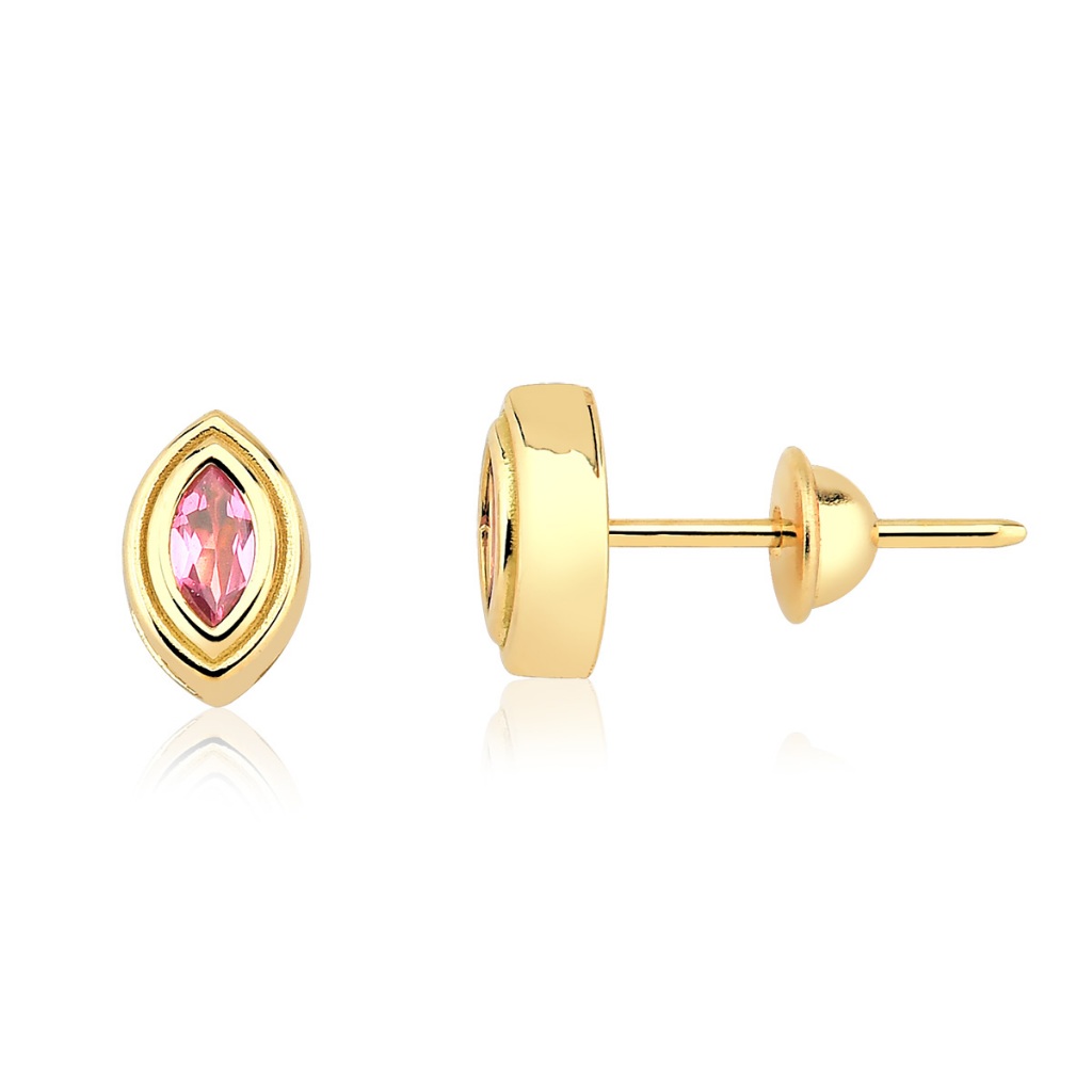 Brinco Navete com Turmalina Rosa em Ouro Amarelo 18k