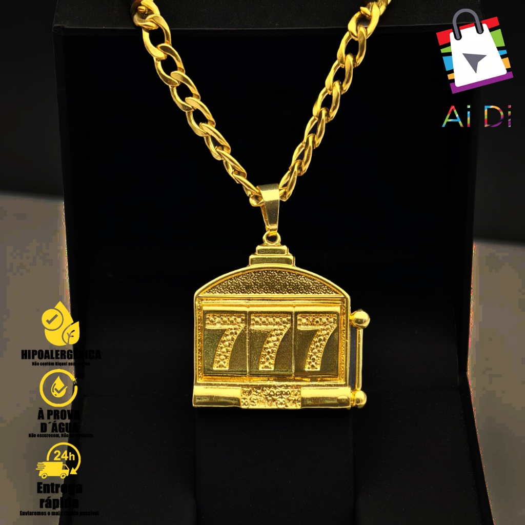 Colar Masculino de Moeda Antiga com Pingente Fashion Chain Casino Boa Sorte 777 - Luxo em Ouro 18K