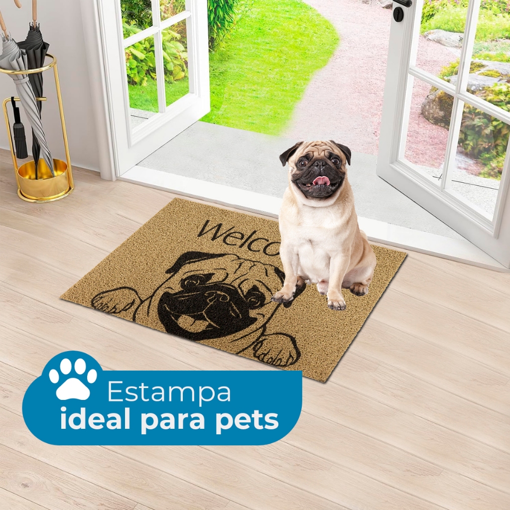 Tapete Porta Entrada Capacho Welcome Pug 40cm x 60cm Vinil Capacho Resistente Pet