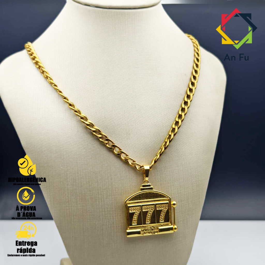 Corrente Ouro 18K com Pingente Moeda Antiga - Estilo Masculino Fashion Chain Casino Boa Sorte 777