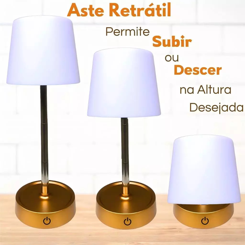 Abajur Recarregável Telescópico Touch Luminária Retrátil Em Aço Luz Led Branco Quente Ajustável USB