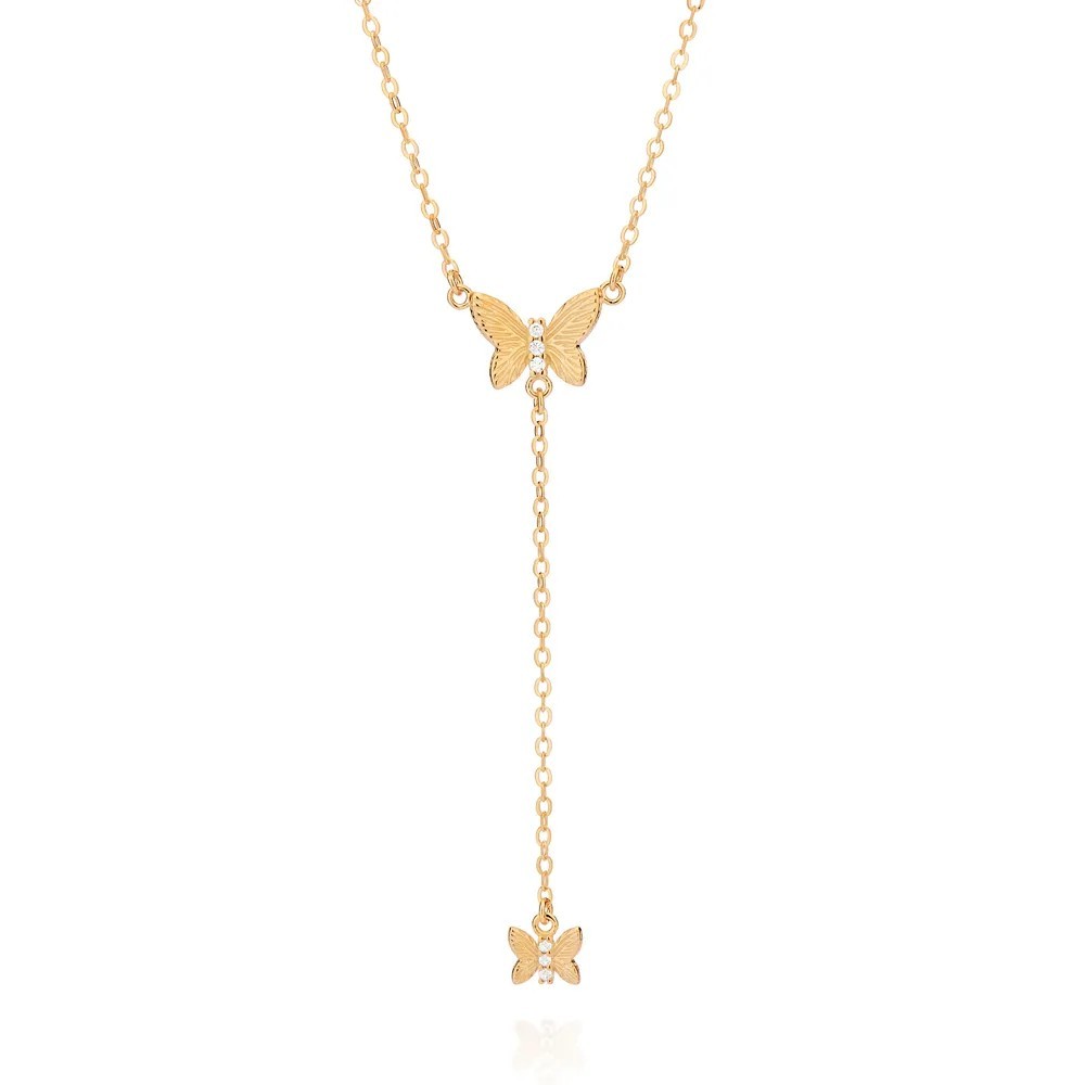 Colar Gargantilha Banhado Ouro 3x 18k Feminino Rommanel Gravata 2 Pingentes Borboletas 532543