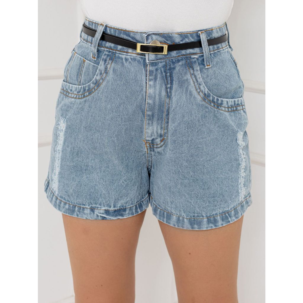 WL Moda Shorts jeans Feminino com bolsa com rascada cintura alta