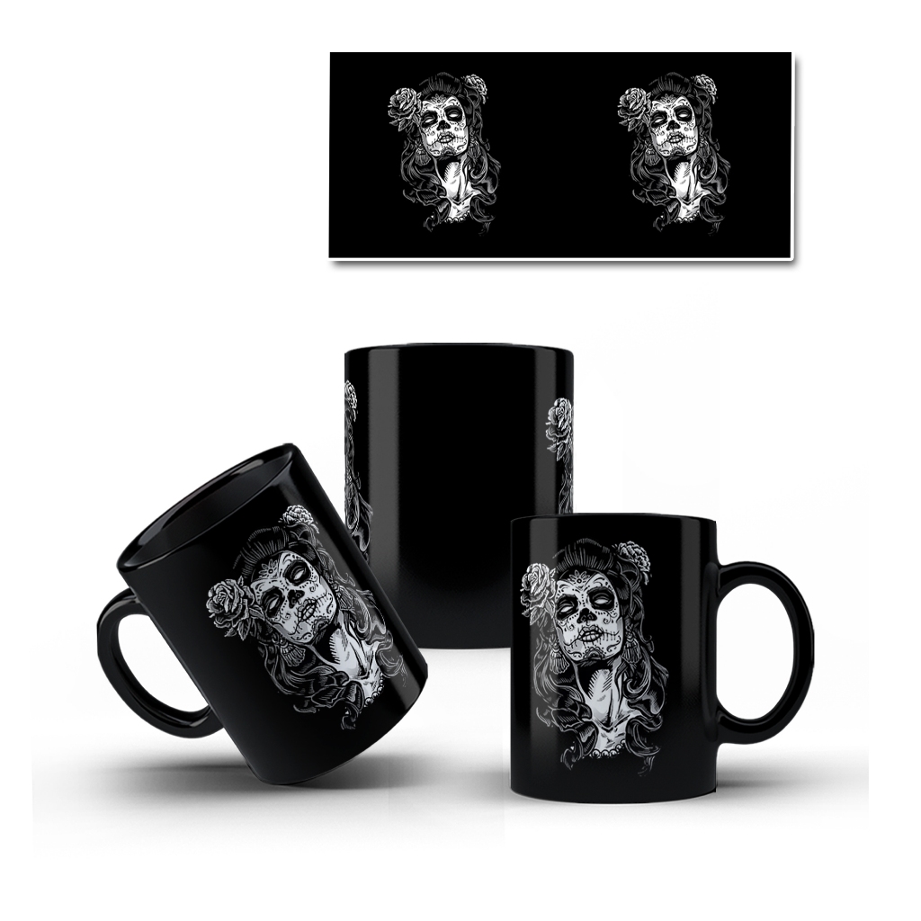 Caneca Preta Decorativa Black White Porcelana Caveira Mexicana Cultura - Mol.81 + Caixinha