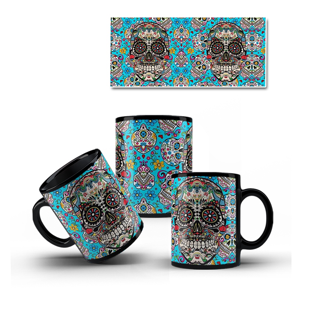 Xícara Preta Decorativa Porcelana Caveira Mexicana Cultura - Mol.71 + Caixinha