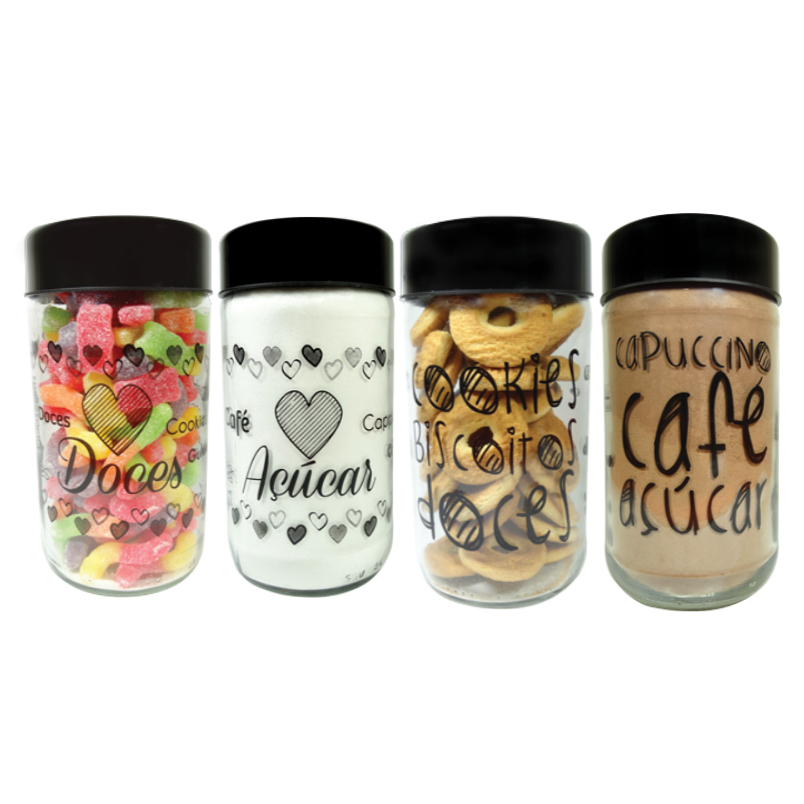 Kit Pote de Vidro 4 Peças 800 ml Grafite (Café, Açucar, Biscoitos, Doces)