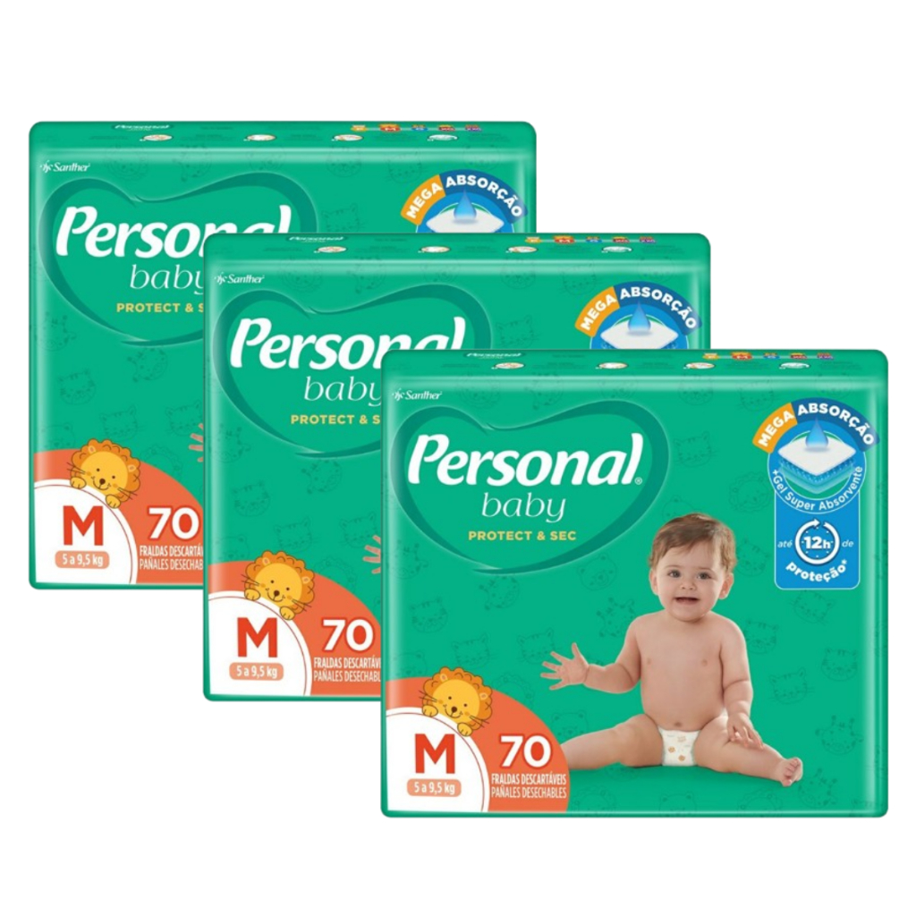 Kit 3 Pacotes Fraldas Personal Baby - Tamanho M - 70 Un Cada Total de 210 Unidades em Oferta na Shopee