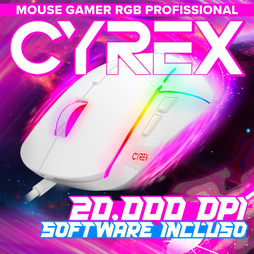 Mouse Gamer Profissional 1000Hz Polling Rate Branco Rgb 20000dpi Macros Software Cyrex Ozzix