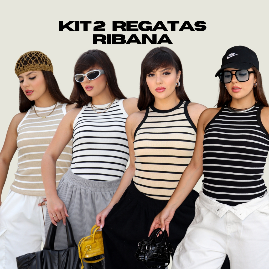 KIT 2 REGATAS LISTRADA RIBANA Feminina Bicolor Slim Básica Blusinha Algodão canelado Casual Tendencia Moda Verão