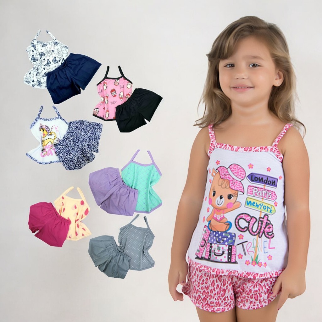 Kit 5 Pijamas Infantil Short doll Criança em Malha Poliéster Pijamas Meninas Conforto