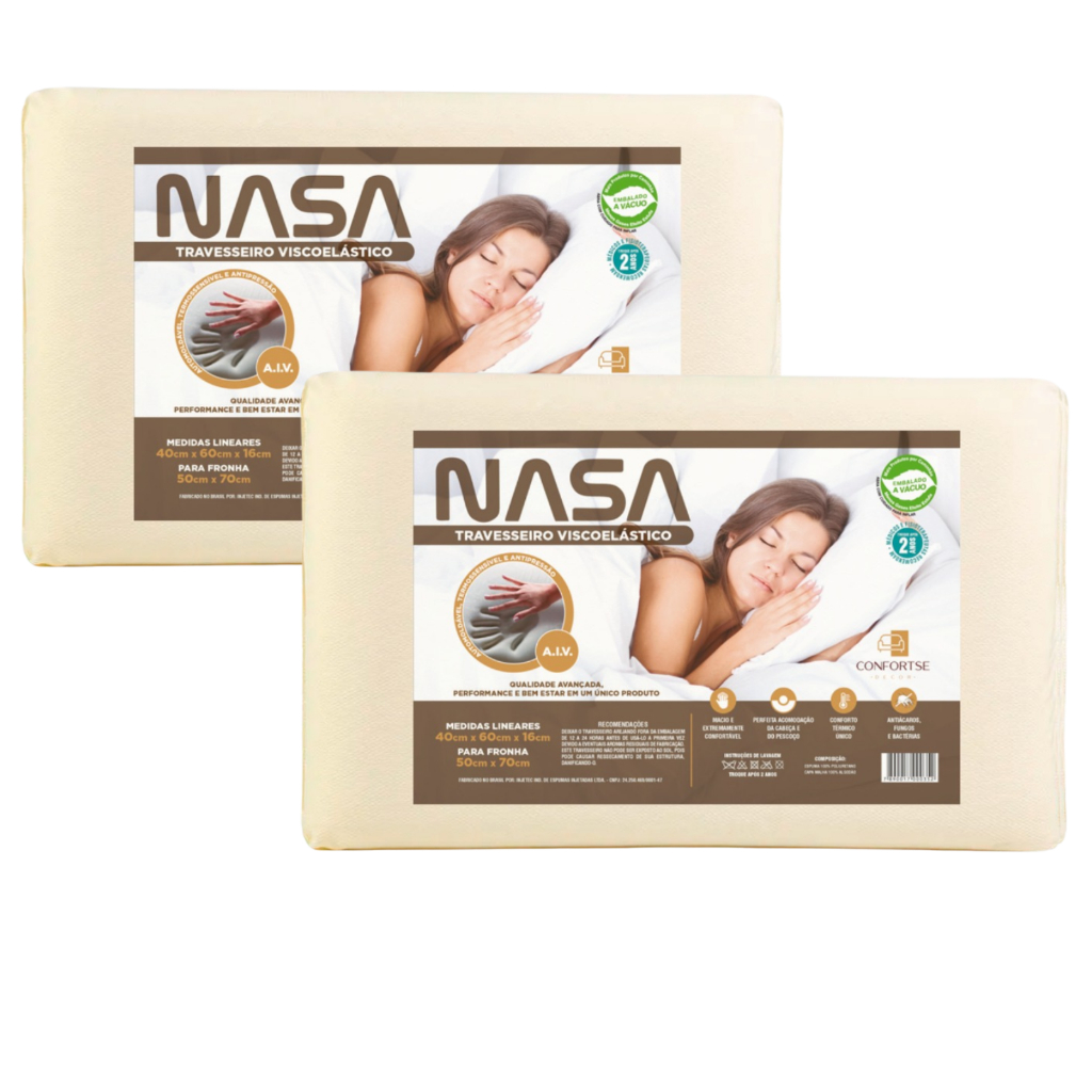 Kit com 2 Travesseiro Nasa Original Grande Viscoelastico Antialérgico Macio 16 cm