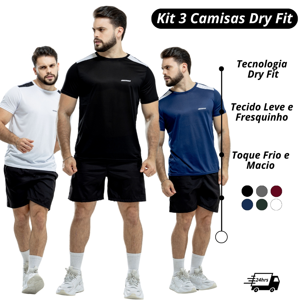 Kit 3 Camisas Dry Fit Masculino Academia Tecido Leve Musculação e Treino