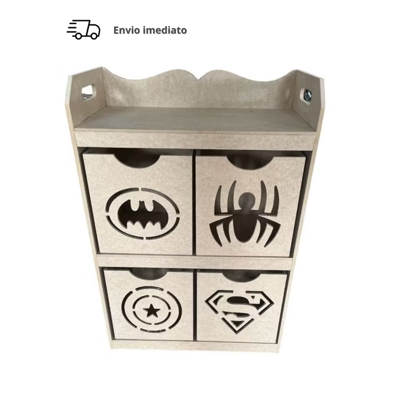 Organizador Infantil Vertical 4 Gavetas Super Heróis -- MDF CRU