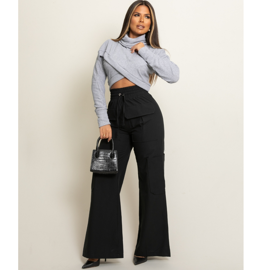 Calça Pantalona Feminia  Cargo Cintura Alta  em Linho