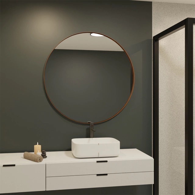 Espelho Adnet Redondo  40cm x 40cm 50cm x 50cm  60cm x 60cm Decorativo Moldura Couro Banheiro Quarto Sala Hall em Oferta na Shopee