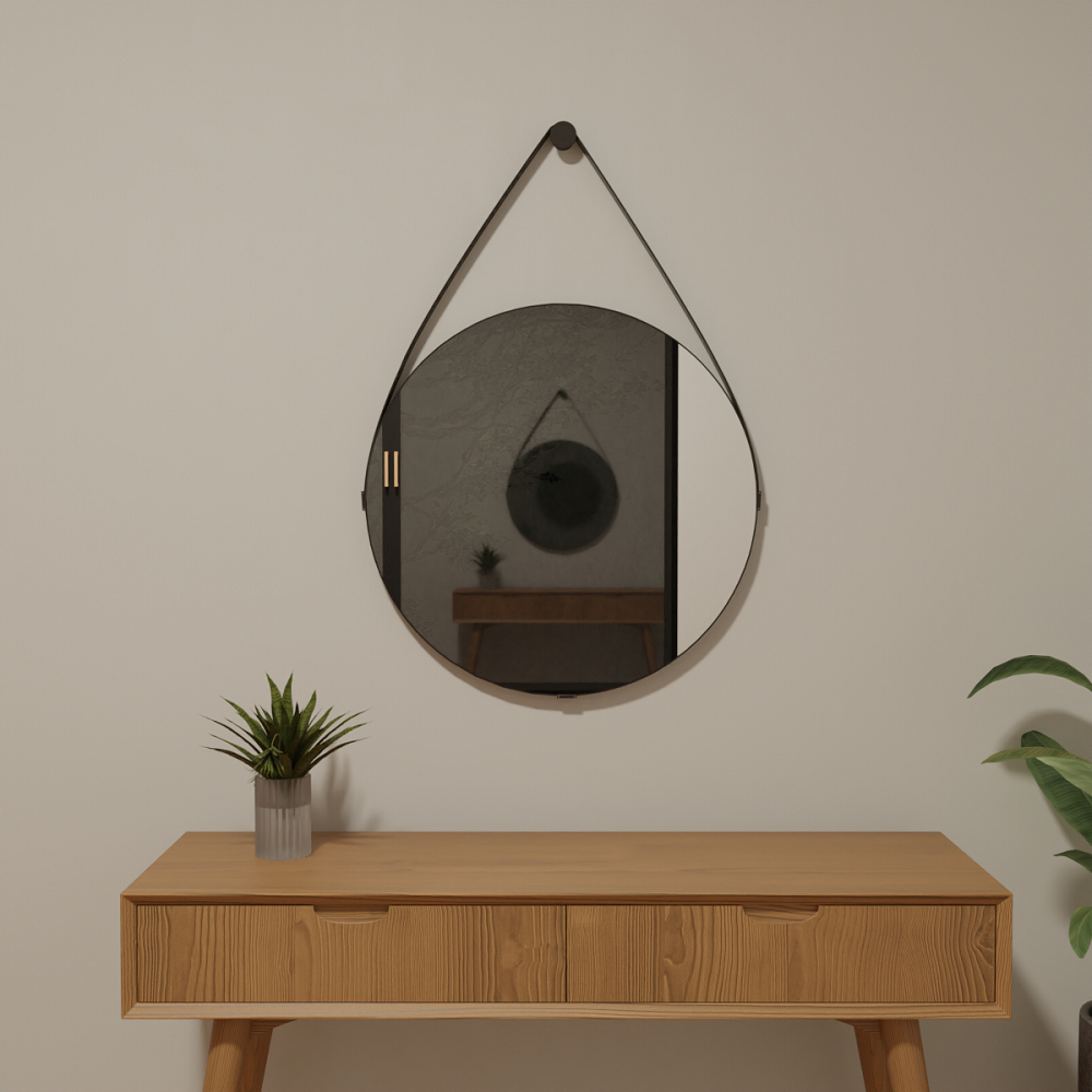 Espelho Redondo Adnet Moldura em Couro 80cm x 80cm 90cm x 90cm 100cm x 100cm Grande Moderno Luxo Sala Quarto Com Suporte