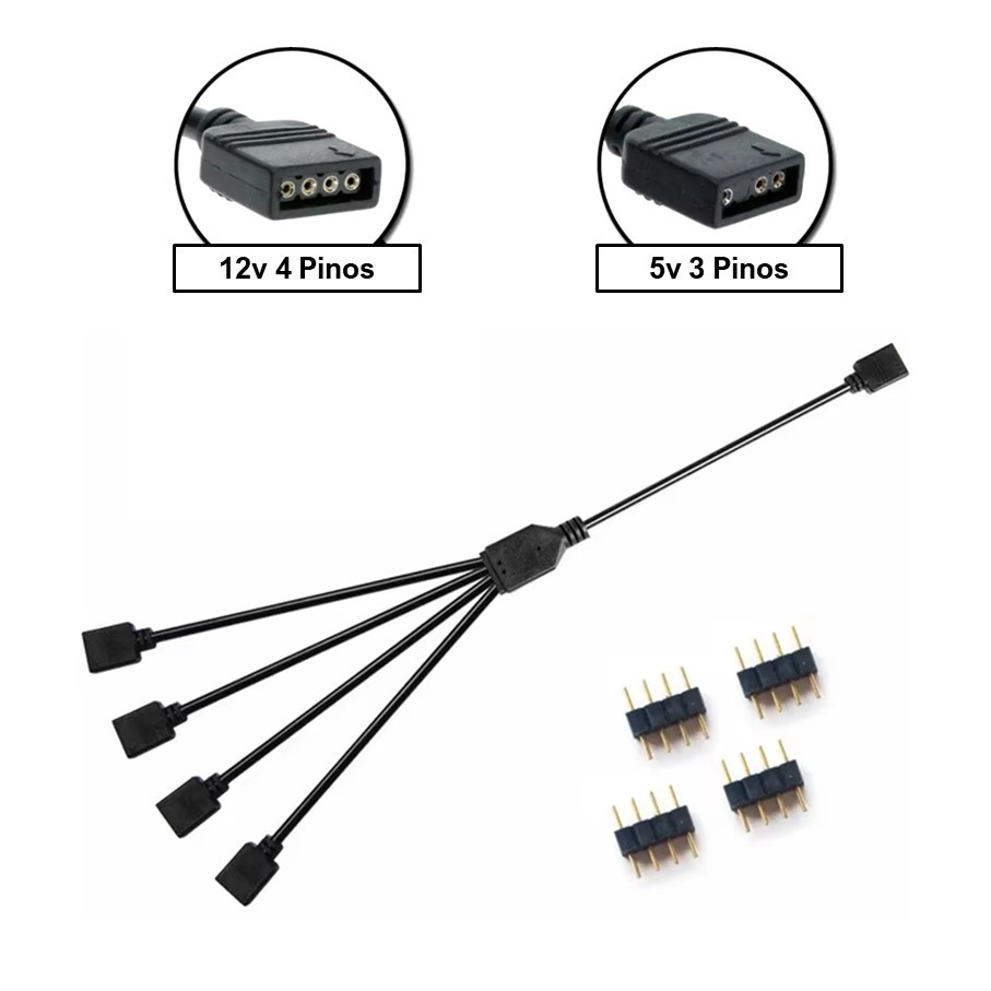 Cabo Splitter ARGB 5v 3 Pinos Macho e Fêmea 1 Entrada para 4 Saídas Cabo Led RGB 12v 4 Pinos
