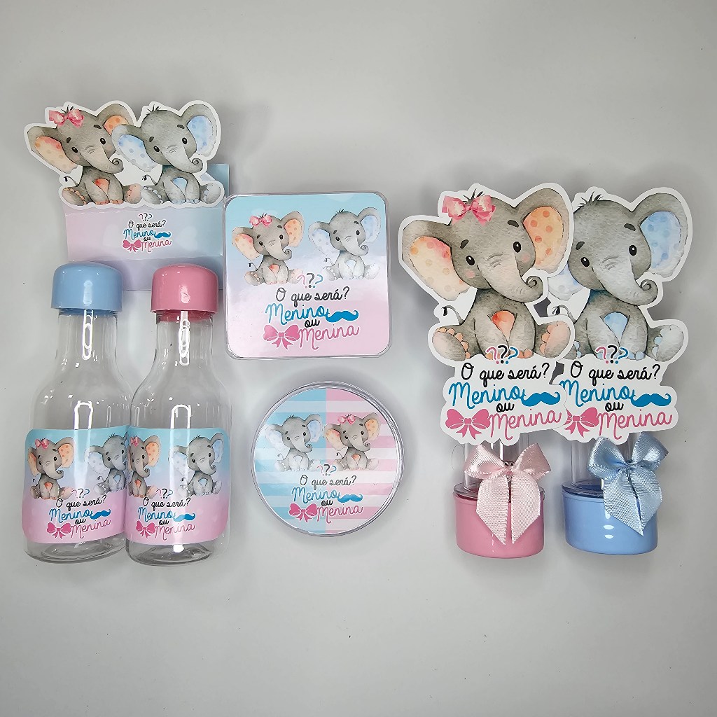 Kit Festa Chá Revelação Elefantinho Azul e Rosa - 100 Peças (Sem Nomes)