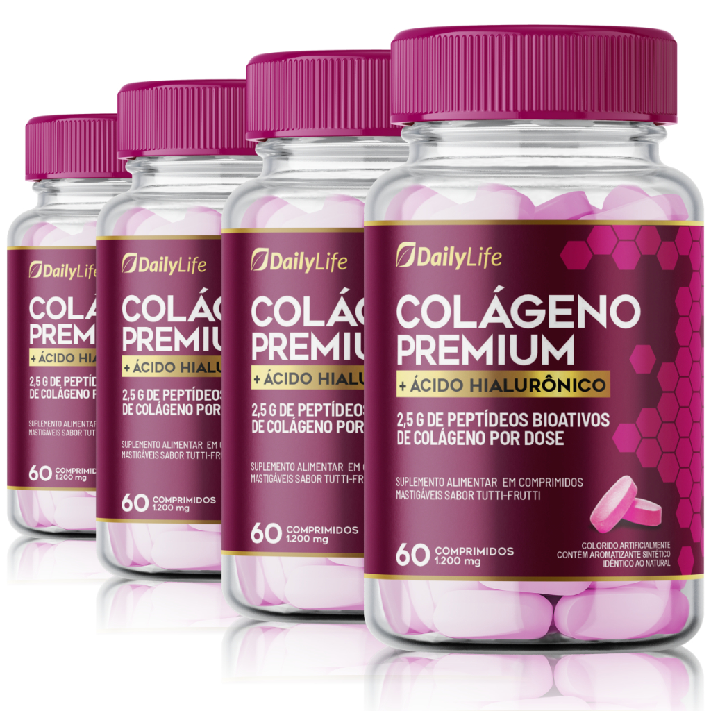 Kit 4x Colageno Hidrolisado Premium + Acido Hialuronico 60 tabletes Mastigaveis Tutti Frutti