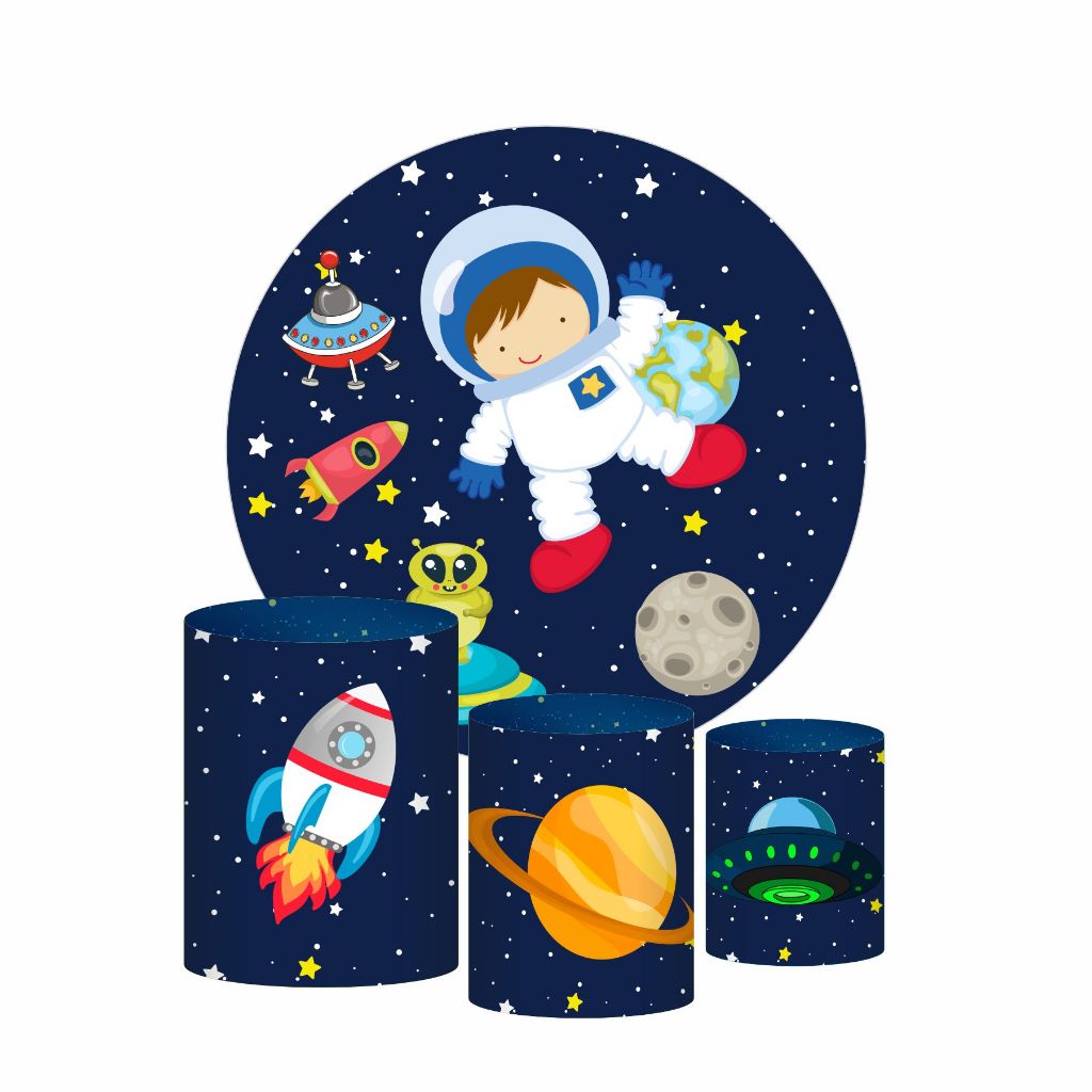 Kit Painel de Festa Redondo + Trio Capas Cilindro Astronauta Galáxia em Oferta na Shopee